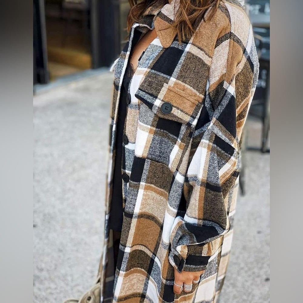 NWT Women's Tan Plaid Long-line Shacket Button Up